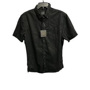 14th & Union Medium Shirt Bold Black Linen Cotton Button-Up Pocket Short Sleeves